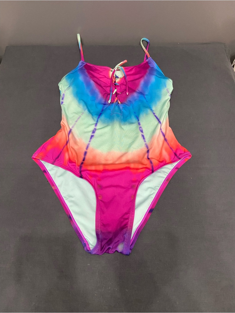 LUCKY BRAND Womens, Letting Go Tie Dye Lace Up Front One-Piece Swimsuit Size XL
